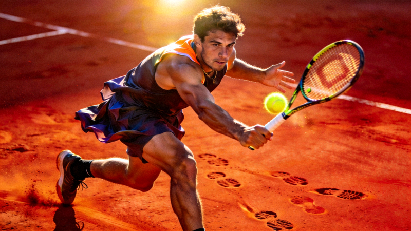 网球运动员在红土场上奋力挥拍击球